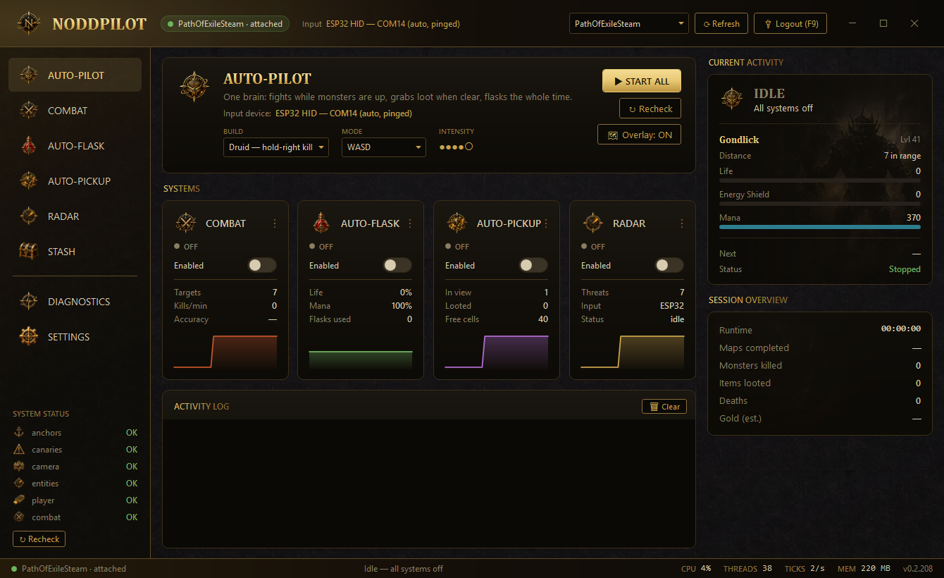 NoddPilot Auto-Pilot dashboard — combat, flask, pickup and radar system cards with live activity feed
